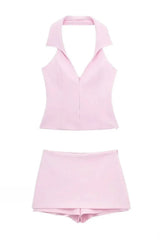 Pink Halter Sleeveless Charming Top And Skort Set
