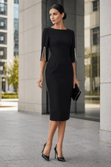 Sleek Beaded Solid Elegant Work Dress