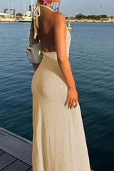 Deep V Neck Backless High Split Knit Maxi Boho Dress