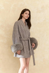 Grey Tie Waist Woolen Loose High-end Cape Medium Coats