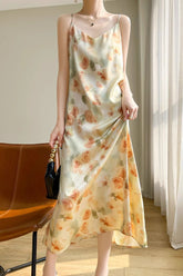 Printed V-Neck Satin Cami Maxi Silk Dress