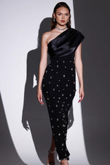 Luxury Asymmetrical Shoulder Rhinestone Bandage Formal Dress