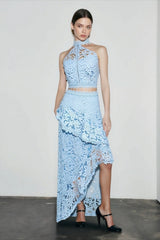 Halter Strapless Lace Asymmetric Hem Vacation Set