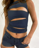 Hollow Out Denim O-neck Cami Top