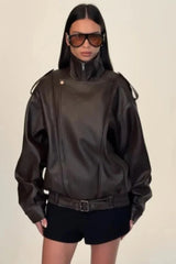 Stand Collar Zip Up Leather Jacket