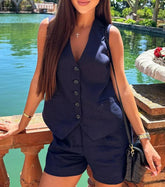 Button Vest Wide Shorts Suit