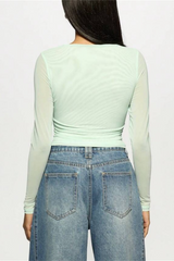 Printed Slim Mesh Sheer Cutout Long Sleeve Crop Top
