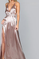 Slit Cami Backless Solid Silk Dress