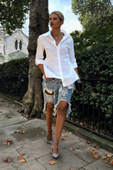 Fashion Holes Ripped Straight Denim Shorts Summer Streetwear Knee Length Women Shorts High Waist Casual Jean