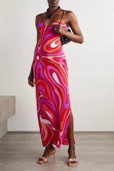 Printed Satin Cami Slit Silk Dress