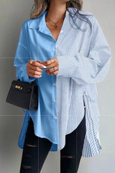 Striped Plus Size Asymmetric Panel Side Tie Button Blouse