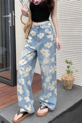 Washed Floral Print Baggy Jeans