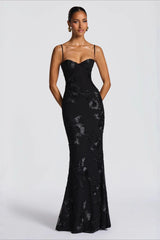 Floral Applique Backless Maxi Formal Dress