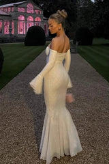 Bell Sleeve Strapless Lace Reception Dress