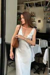 Lace Cutout White Halter V-Neck Mermaid Silk Dress