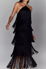 Chic Halter Fringe Backless Slit Cocktail Dress