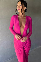 Sexy V Neck Bodycon Ruched Solid Long Sleeve Formal Dress