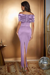 Satin Ruched Panel Off-Shoulder Fitted Silk Dress