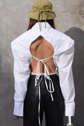 Vintage Tie Waist Cutout Open Back Elegant Blouse