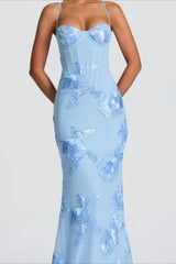 Floral Applique Backless Maxi Formal Dress