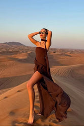 Sexy Strapless Asymmetrical Mesh Split Scarf Formal Dress