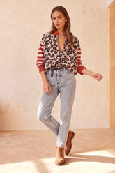 Leopard Print Contrast Cardigan Sweater