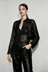 Sequin Collared Long Sleeve Glamorous Blouse