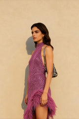 Feather Panel Halter Asymmetrical Graduation Party Dress