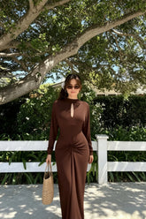Elegant Fitted Simple Mock Neck Long Sleeve Party Dress