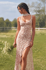 Backless Slit Tie Strap Floral Dress