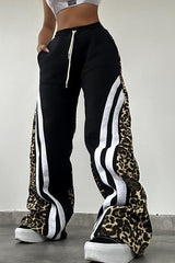 Leopard Print Stripe Color Block High Waist Loose Pants