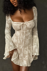 Tie Waist Bell Sleeve A Line Lace Dress