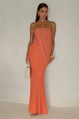Draped Mesh Tube Irregular Ruche Maxi Slim Bodycon Dress