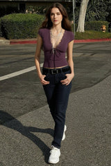 Lace Trim Tie Front Top