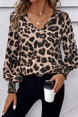 Leopard Print V Neck Chiffon Loose Long Sleeve Blouse