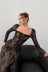 Elegant Lace Square Neck Long Sleeve Bodycon Dress