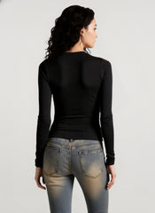 Printed Slim Fitted Crew Neck Cropped Long Sleeve Crop Top