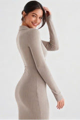 Core-Spun Yarn Knit V-Neck Long-Sleeve Bodycon Midi Sweater Dress