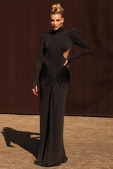 Slim Solid Long Sleeve High Neck Ruched Backless Formal Dress