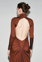 Slim Solid Long Sleeve High Neck Ruched Backless Formal Dress