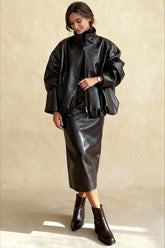 Chic Solid Patent Leather Stand Collar Jacket Skirt Two Piece Set