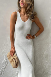 Solid Color Street Style Sleeveless Maxi Knit Elegant Summer Sweater Dress