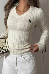 Embroidered Cable Knit V Neck Sweater