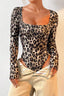 Square Neck Leopard Print Slim Long Sleeve Bodysuit