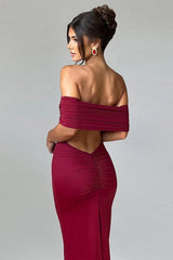 Sexy Off Shoulder Backless Bodycon Ruched Solid Formal Dress