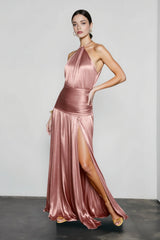 Metallic Pleated Slit Tie Halter Sleeveless Formal Dress