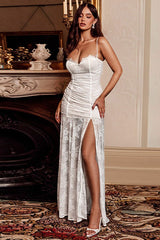 Sheer Ruched Split Cami Maxi Lace Dress