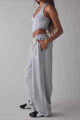 Embroidered Elastic Waist Loose Straight Pants