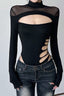 Asymmetrical Cutout Mesh Turtleneck Slim Bodysuit