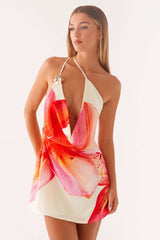 Satin Floral One-Shoulder Silk Dress